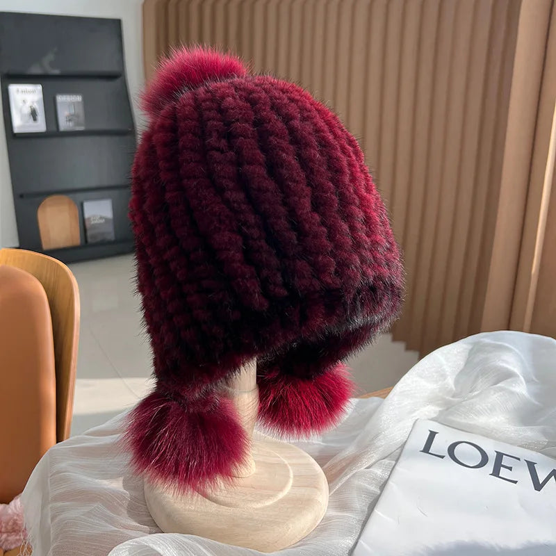 Gebreide Bontmuts Dames met Pompom Spiraalpatroon Wintermuts Herfst Winter Vrouwen Warm Luxe Echt Bont | Sulvida