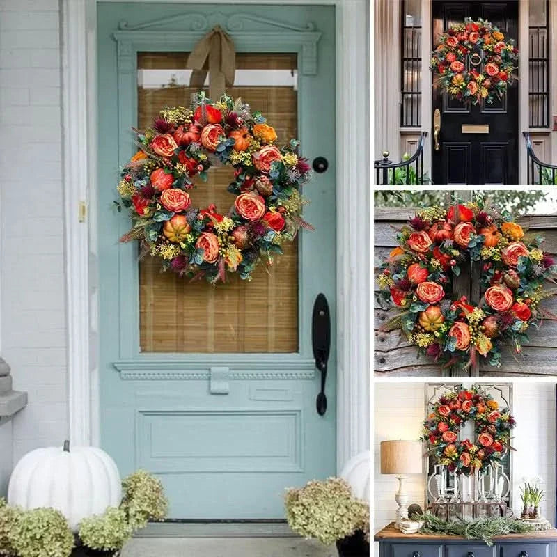 Herfststuk Pompoen met Rotan & Bladeren 40cm Oranje Bruin voor Deur Krans Herfstdecoratie Seizoen Interieur | Sulvida