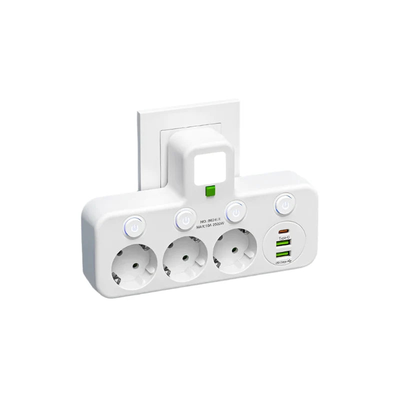 Stekkerdoos met USB en USB-C 2500W | 3-4 Stopcontacten 2 USB 1 Typ-C Overspanningsbeveiliging Schakelaar | Sulvida
