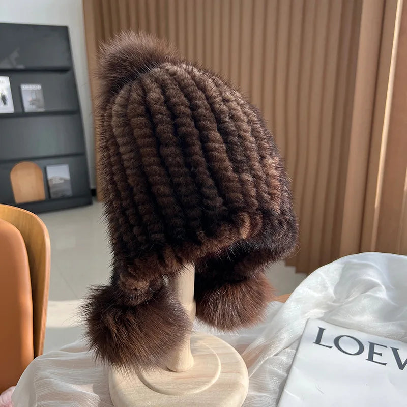 Gebreide Bontmuts Dames met Pompom Spiraalpatroon Wintermuts Herfst Winter Vrouwen Warm Luxe Echt Bont | Sulvida