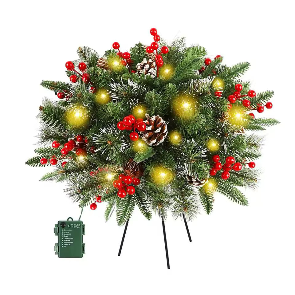 Verlichte Decoratiekrans met LED Batterij Kerstdecoratie Standaard Dennenappels Besjes Binnen Buiten | Sulvida
