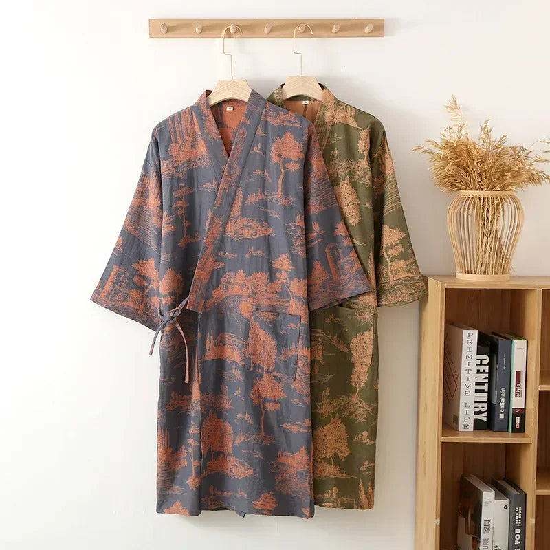 Kimono Ochtendjas Heren Katoen Lange Stijl Bedrukt Blauw Groen Grijs Navy Zomer Herfst Badkamer Lounge | Sulvida