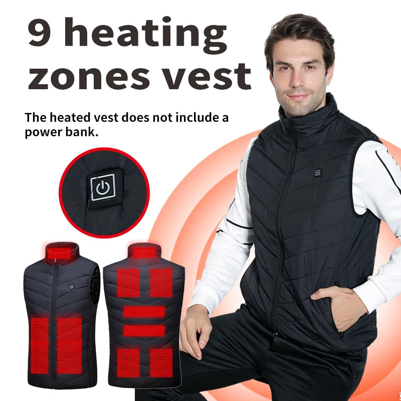 Verwarmbaar Herenvest 9 Zones USB-Verwarming Bodywarmer Outdoor Sportief Casual Herfst Winter Warmte | Sulvida