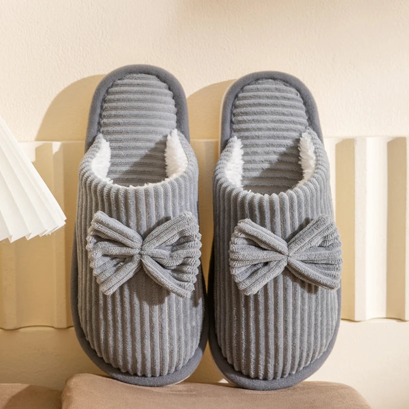 Huisslippers met Strik Dames Ribfluweel Gevoerd Antislip Binnenschoenen Fluweelzachte Pantoffels Warm | Sulvida