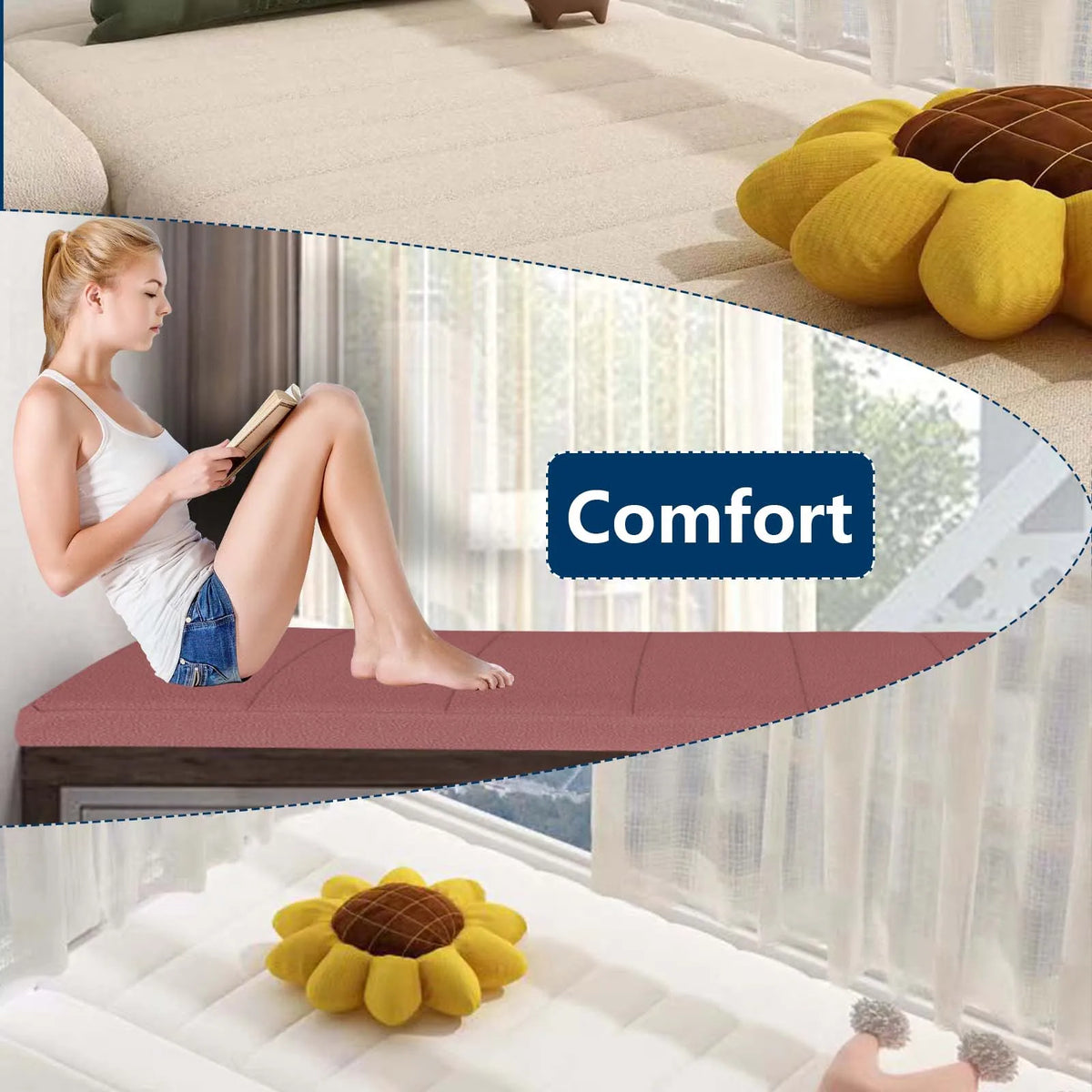 Coussin d’assise en velours teddy marron antidérapant pour canapé ou rebord de fenêtre, mousse haute densité, confortable, intérieur et extérieur | Sulvida
