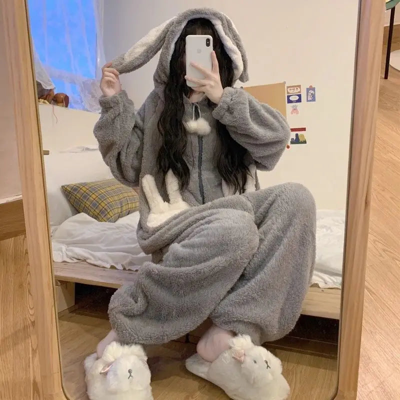 Warme Bunny Jumpsuit Pyjama met Capuchon – Zachte Huispak voor Koude Avonden – Onesie met Konijnenoren | Sulvida