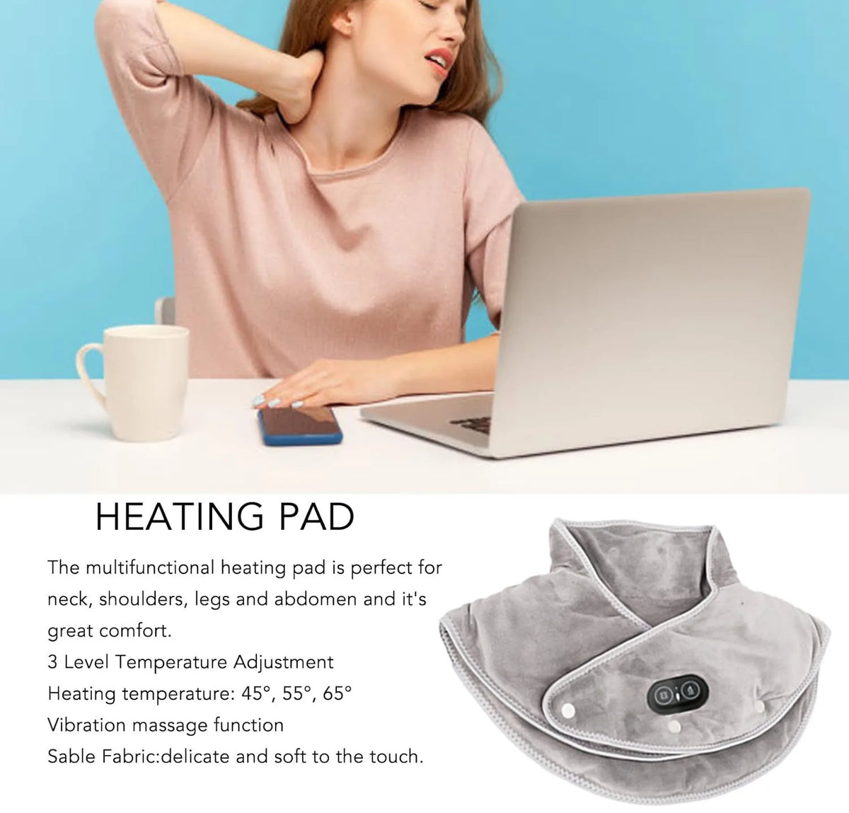 Verwarmend Nek- en Schouderkussen met Trilmassage USB Oplaadbaar 3 Warmtestanden Timer Zacht Pluche Ontspanning | Sulvida