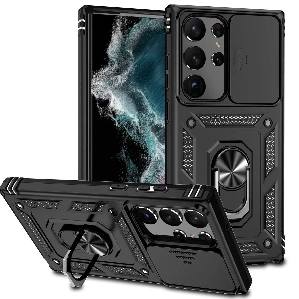 Coque de téléphone avec support et protection des objectifs pour Samsung Galaxy S23 Series, antichoc, en silicone | Sulvida