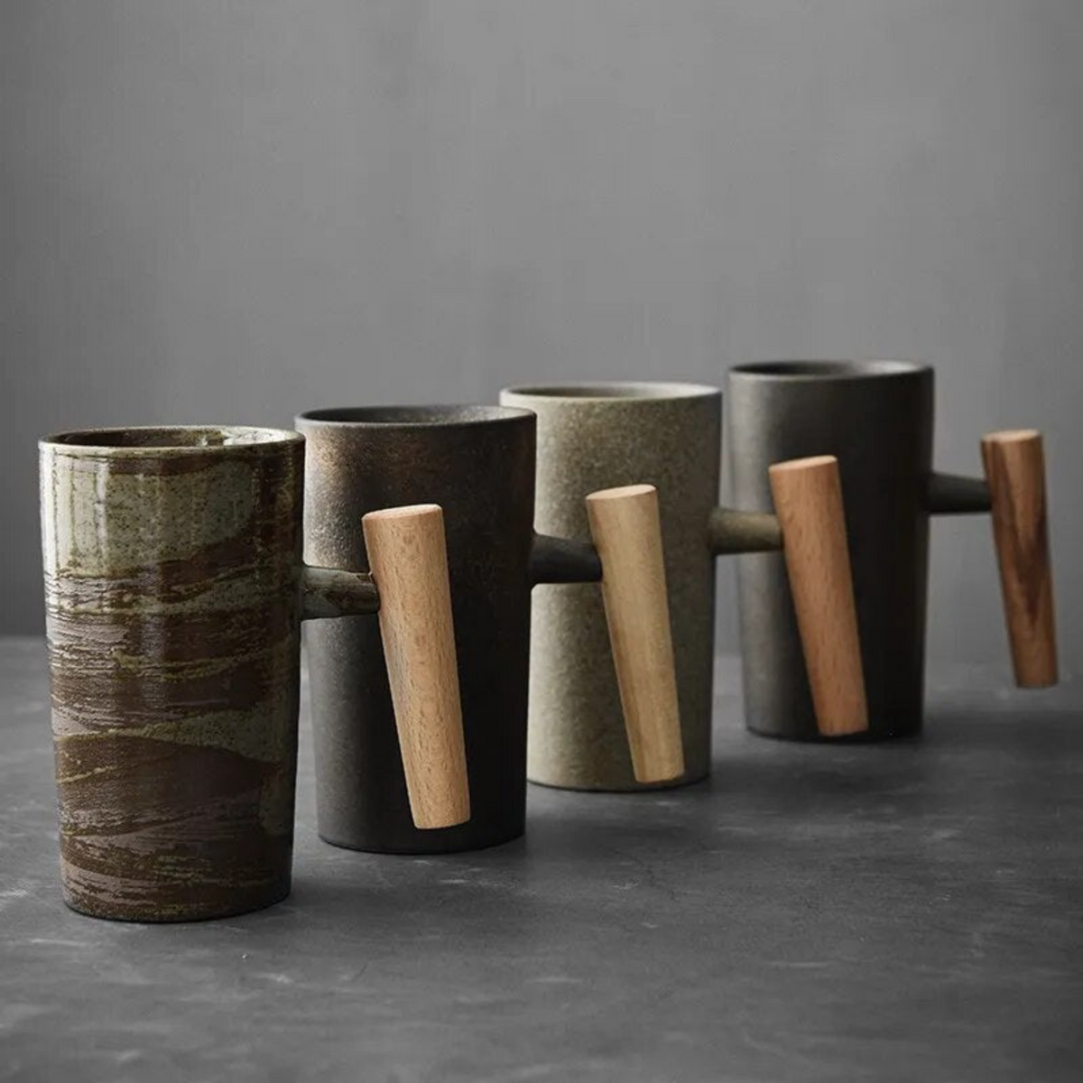 Keramische Steentextuur Mok met Houtkleurig Accent Koffiebeker Theemok Scandinavisch Design Woonkamer | Sulvida