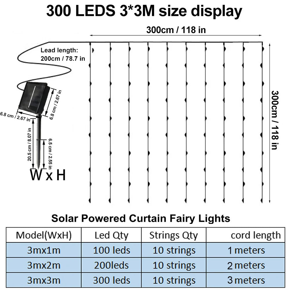 Gordijnverlichting op zonne-energie 300 LED waterdicht tuin terras balkon feestverlichting buiten decoratie | Sulvida