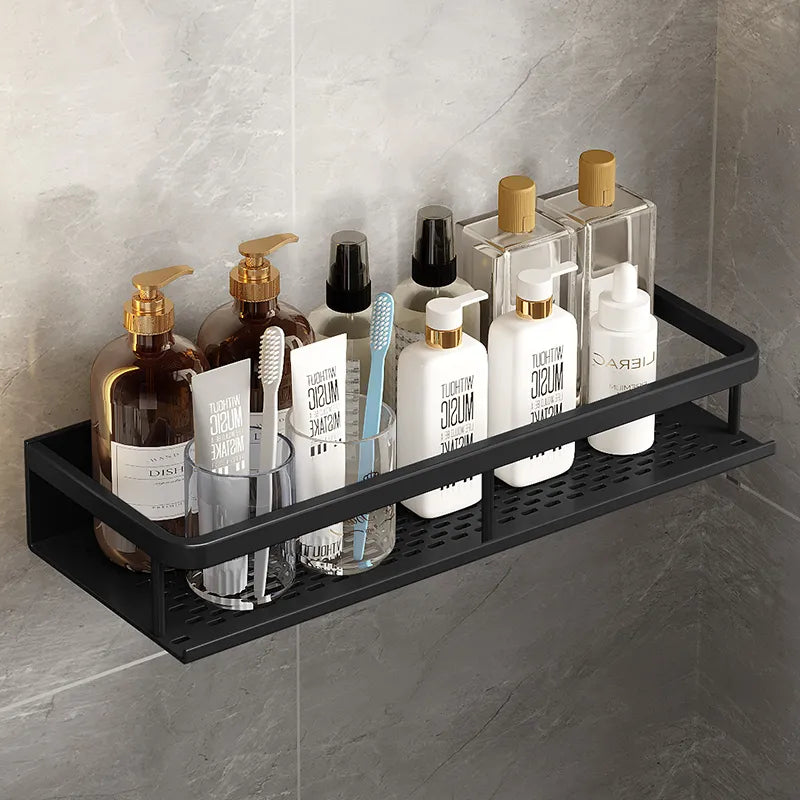 Aluminium Doucheplank Wandmontage Zwart Mat Opbergrek Badkamer Keuken Geperforeerd Waterdoorlatend Design | Sulvida