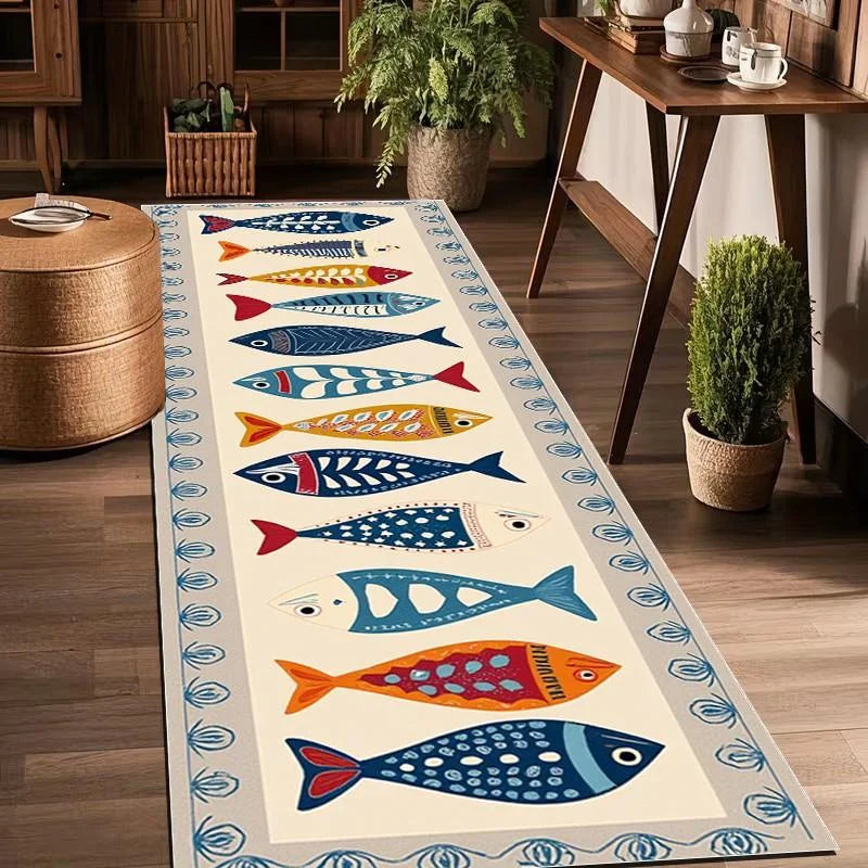 Gangloper met Vissenprint - Antislip Vloerkleed voor Hal Keuken Gang - Wasbaar Polyester 60-300cm Looploper | Sulvida