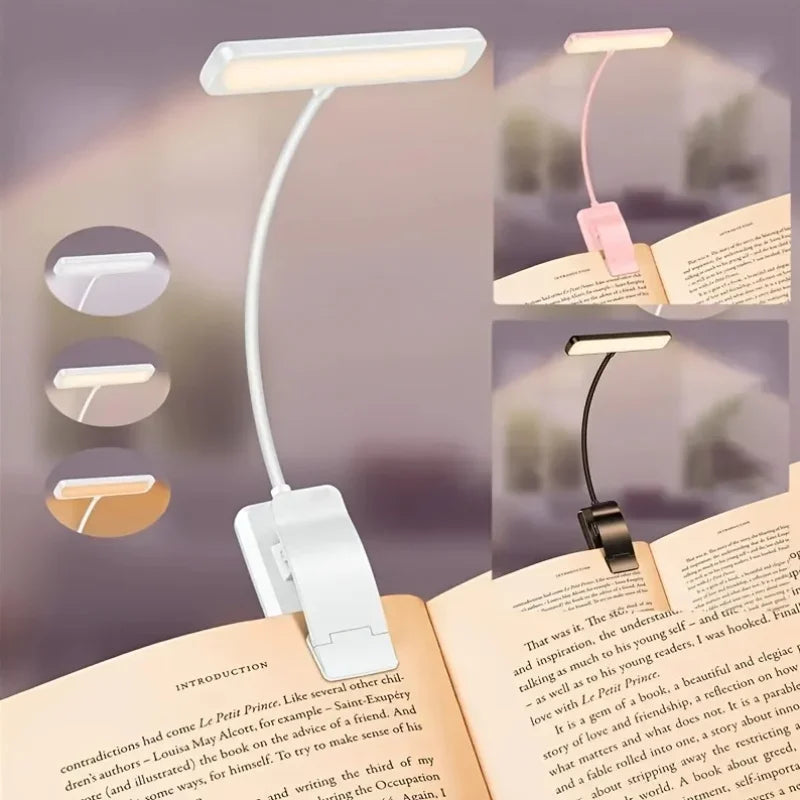 Leeslamp USB Oplaadbaar met Klem 3 Lichtkleuren Dimbaar Flexibele Leesverlichting Clip voor Boek Bureau Bed | Sulvida