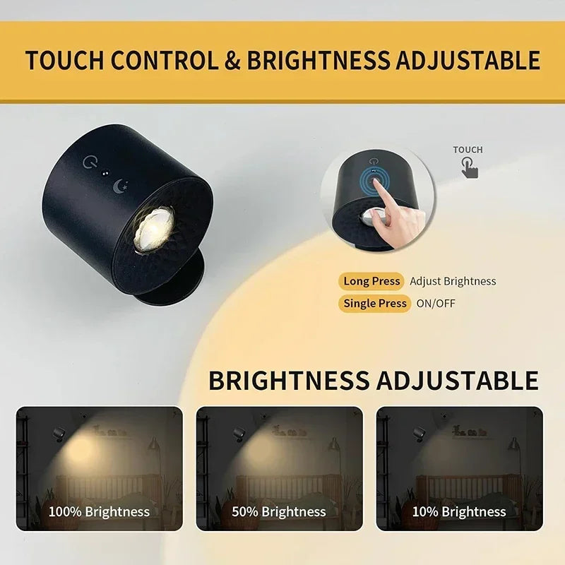 Draadloze LED Wandlamp met Afstandsbediening 360° Draaibaar Oplaadbaar Nachtlampje Slaapkamer Leeslamp | Sulvida