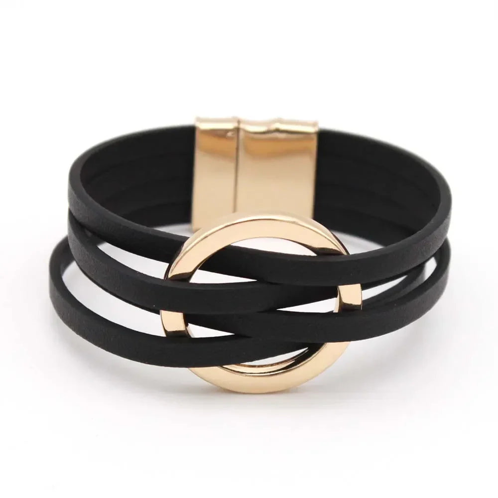 Leren Wikkelarmband Meerlaags Decoratief O-Detail Magneet Zwart Bruin Groen Navy Blauw Zilver Rood Hart | Sulvida