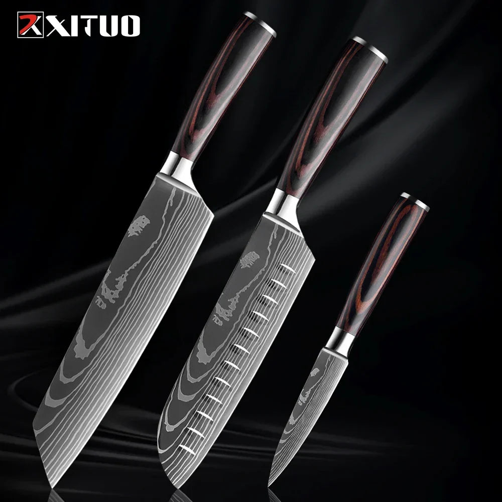 Collection de couteaux en acier inoxydable, 1 à 9 pièces, manche en bois, couteau de chef, couteau à légumes, couteau de cuisine universel professionnel | Sulvida