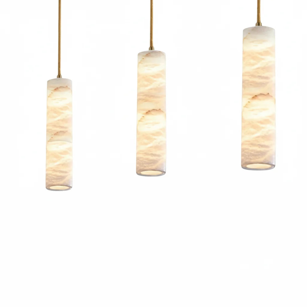 Hanglamp Albast Steen met Satijn Messing Cilinder Natuursteen Lichtdiffusie Warm LED Eetkamer Woonkamer | Sulvida