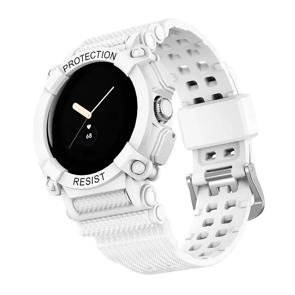 Bracelet de montre avec coque de protection pour Pixel Watch et Pixel Watch 2 sport en silicone hybride noir | Sulvida