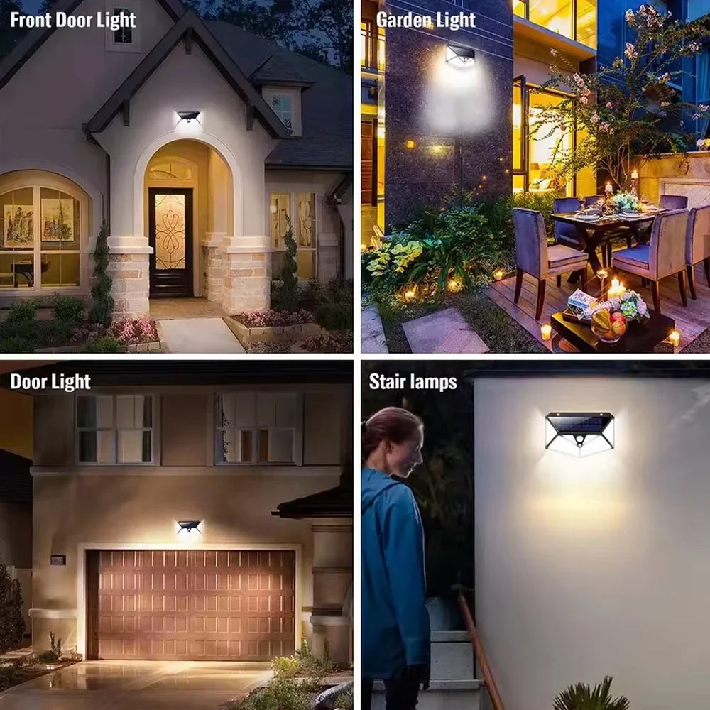 Solar Buitenwandlamp met Bewegingssensor IP65 Waterdicht 100 LED Tuinverlichting Energie-efficiënt Buiten | Sulvida