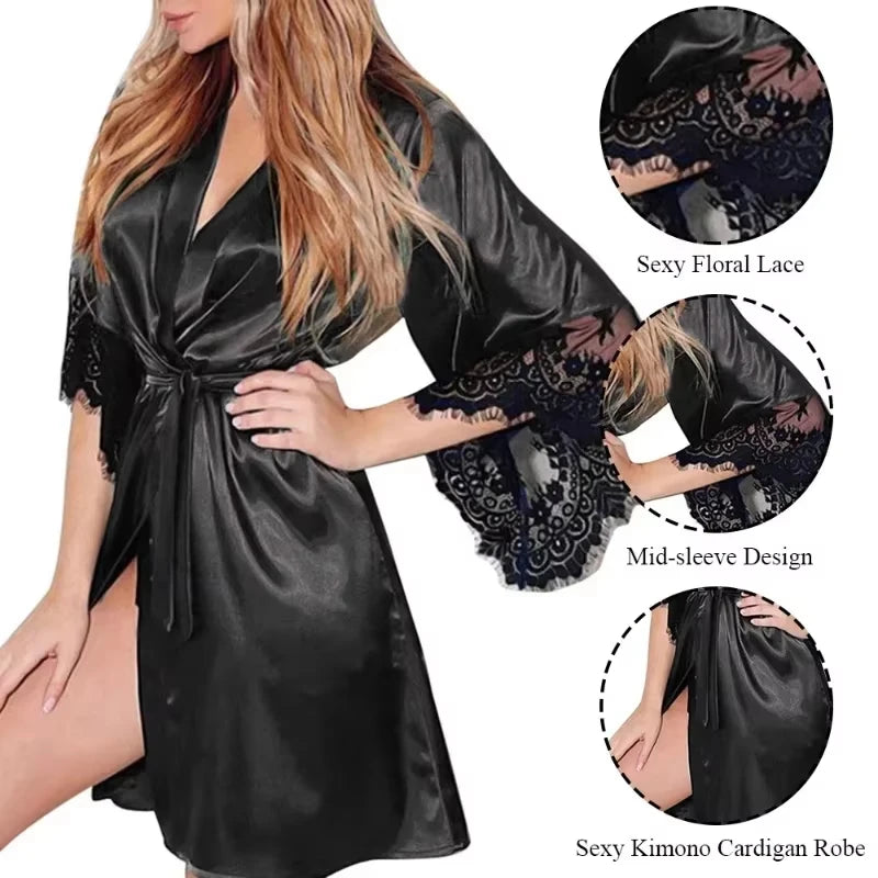 Peignoir en satin pour femme avec dentelle, tenue de soirée, vêtement de nuit, robe d’intérieur, tenue d’intérieur, chemise de nuit à manches courtes, peignoir de luxe | Sulvida