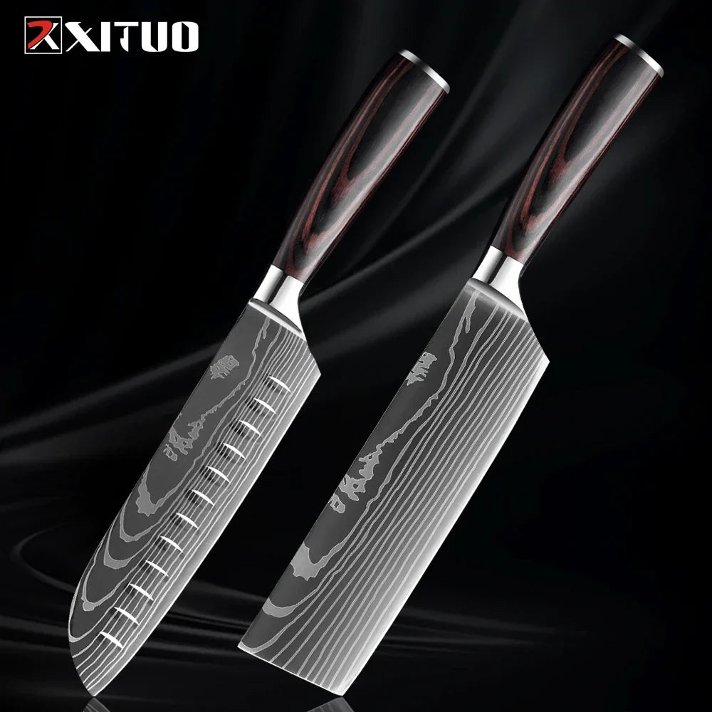 Collection de couteaux en acier inoxydable, 1 à 9 pièces, manche en bois, couteau de chef, couteau à légumes, couteau de cuisine universel professionnel | Sulvida