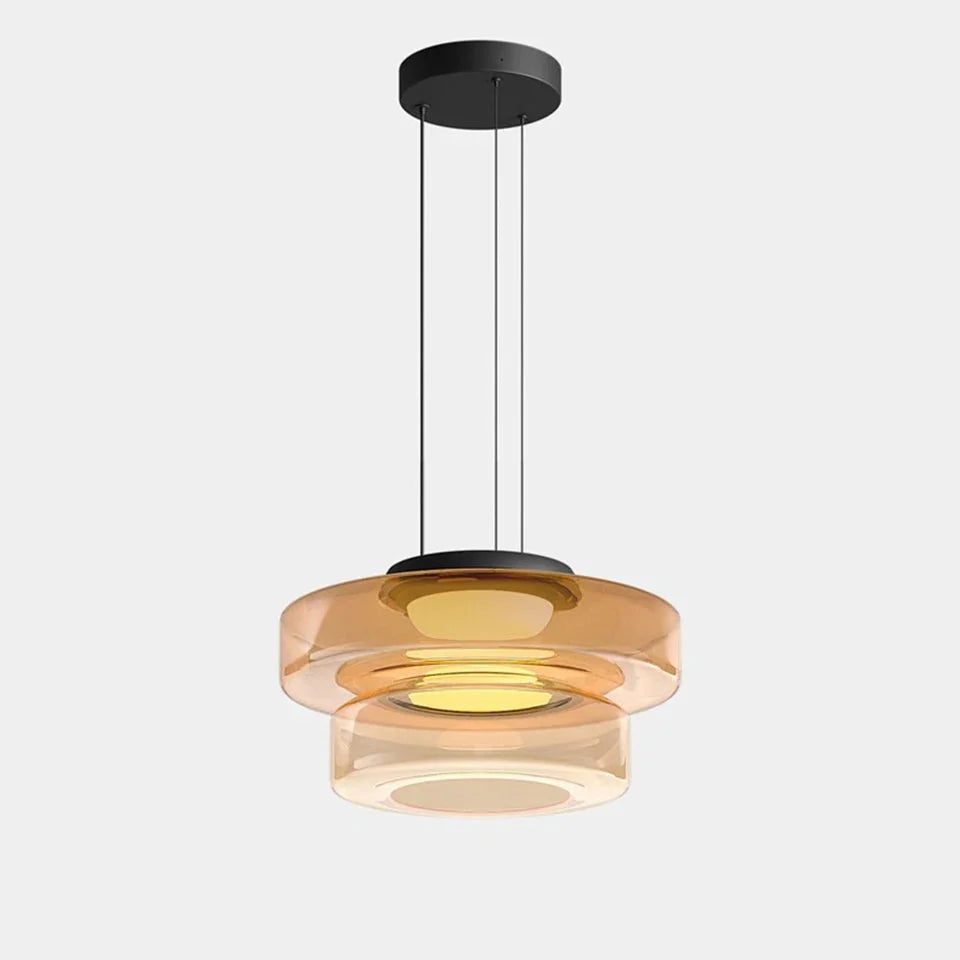 Glazen hanglamp met gelaagde kap in amber groen of grijs voor sfeervolle verlichting eetkamer woonkamer | Sulvida