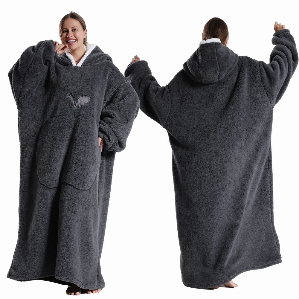 Draagbare deken met capuchon en mouwen zachte pluche fleece oversized hoodie plaid voor herfst en winter | Sulvida