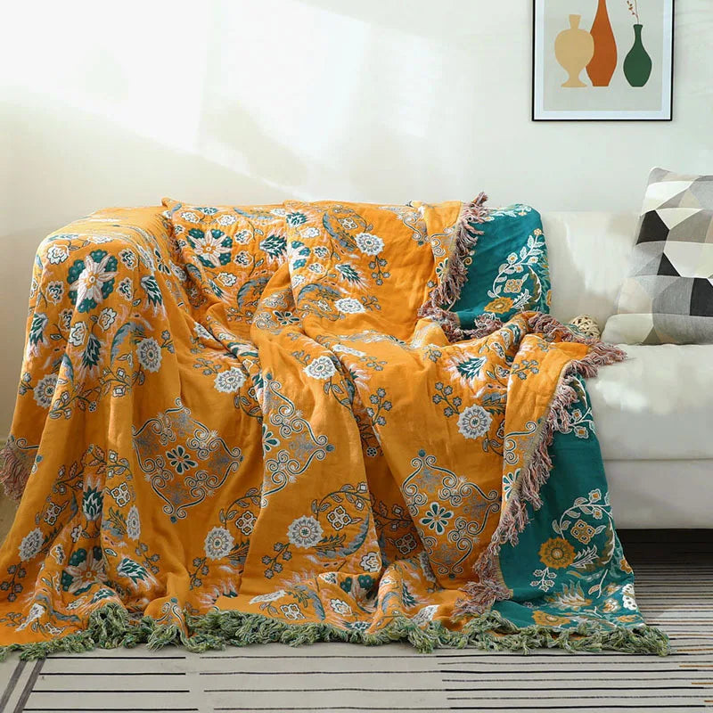 Katoenen Woonplaid Bohemian Patroon Beige Oranje Geel 130x150 200x230 Deken Bank Bed Sofa Decoratief | Sulvida