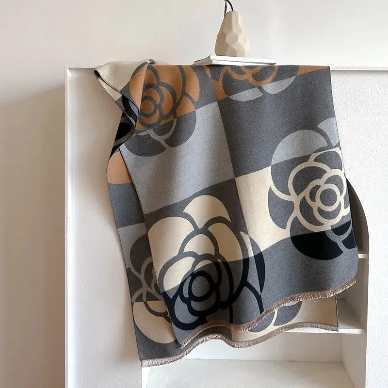 Dubbelzijdige Kasjmier Wintersjaal 185x65cm Bloemdesign Roze Oranje Grijs Dames Sjaal Warm Zacht Elegant | Sulvida