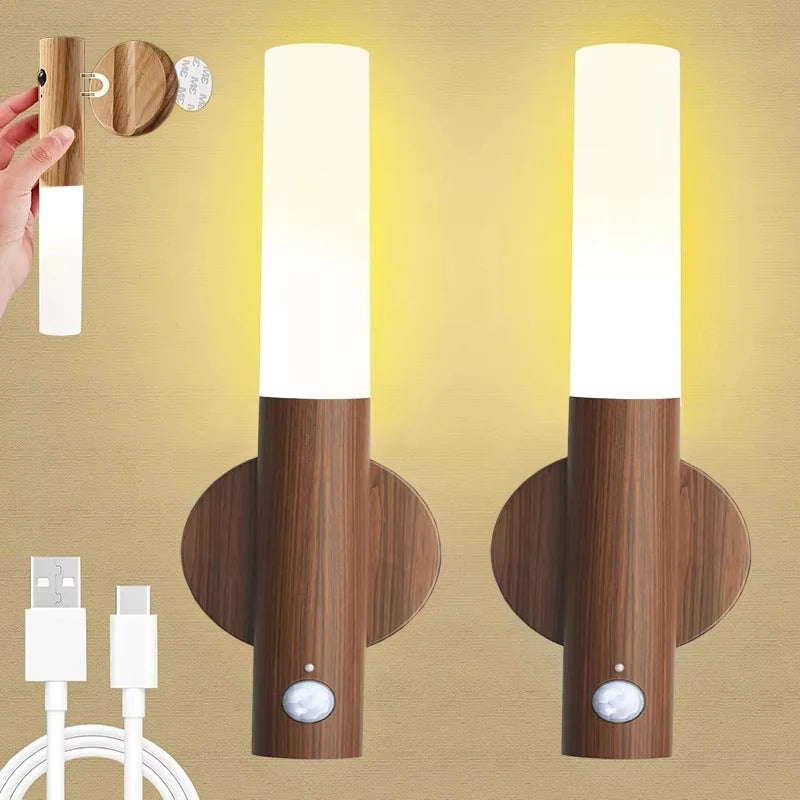 Oplaadbare Wandlamp met Bewegingssensor Houten Nachtlampje Magnetische LED Wandverlichting Gang Trap | Sulvida