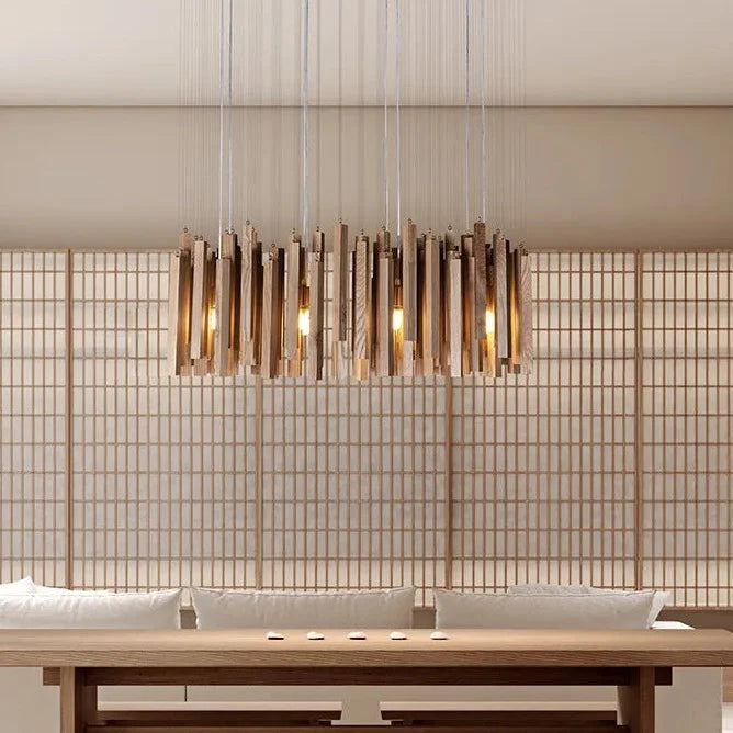 Houten Hanglamp Rond LED Kroonluchter Warm Licht Woonkamer Eetkamer Japans Minimalistisch Design Sfeerverlichting | Sulvida