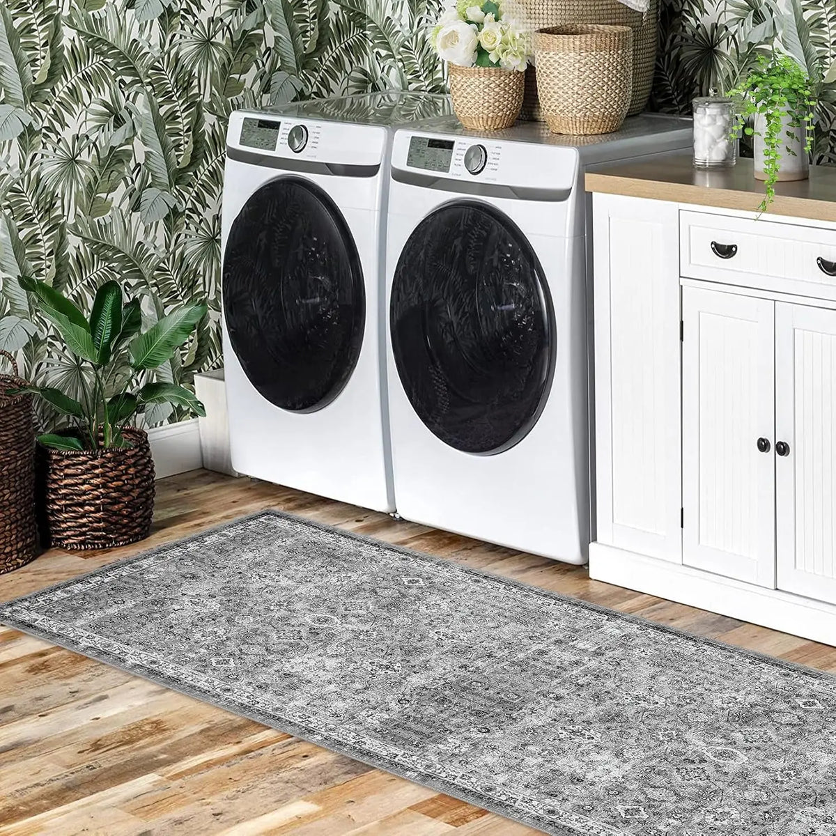 Vintage vloerkleed met korte pool grijs wasmachinebestendig antislip loopmat voor keuken hal en slaapkamer | Sulvida