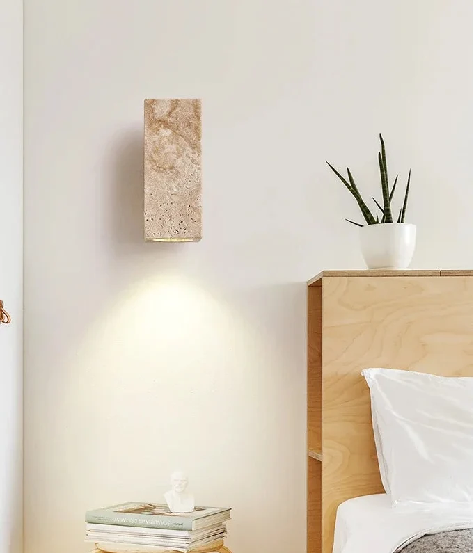 Wandlamp Natuursteen Travertin LED Geel Hout Warm Licht Slaapkamer Gang Studeerkamer Wandverlichting | Sulvida