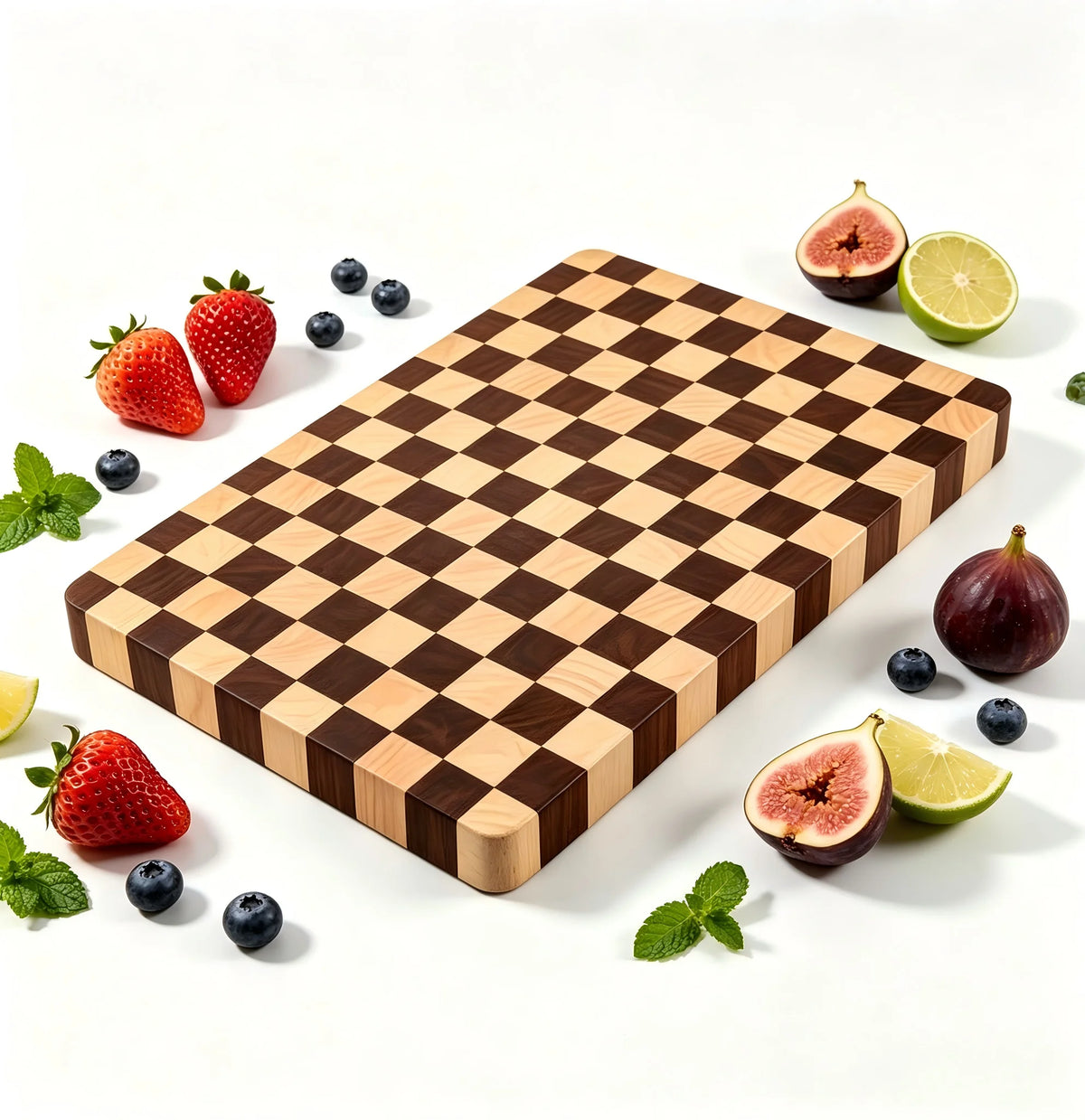 Houten snijplank schaakbordpatroon rubberhout 45x30 cm keuken serveerplank hapjesbord charcuterie broodplank | Sulvida