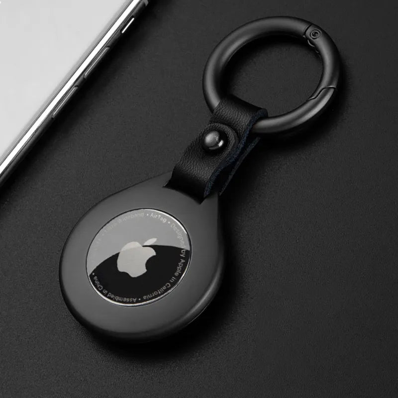 Lederen Sleutelhanger Beschermhoes voor Tracker Zwart Zilver met Metalen Ring Stijlvol Compact Duurzaam | Sulvida
