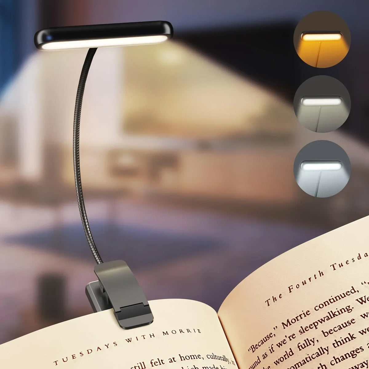 Leeslamp USB Oplaadbaar met Klem 3 Lichtkleuren Dimbaar Flexibele Leesverlichting Clip voor Boek Bureau Bed | Sulvida