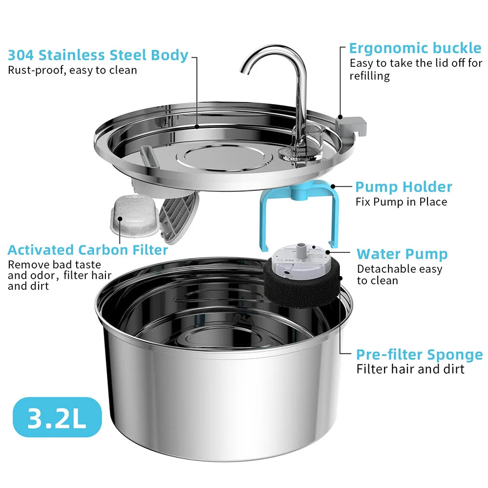 Automatische Drinkfontein voor Huisdieren RVS 3L USB Waterstroomfontein Kat Hond Stil met Filter Circulatie | Sulvida