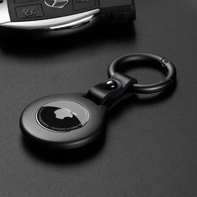 Lederen Sleutelhanger Beschermhoes voor Tracker Zwart Zilver met Metalen Ring Stijlvol Compact Duurzaam | Sulvida