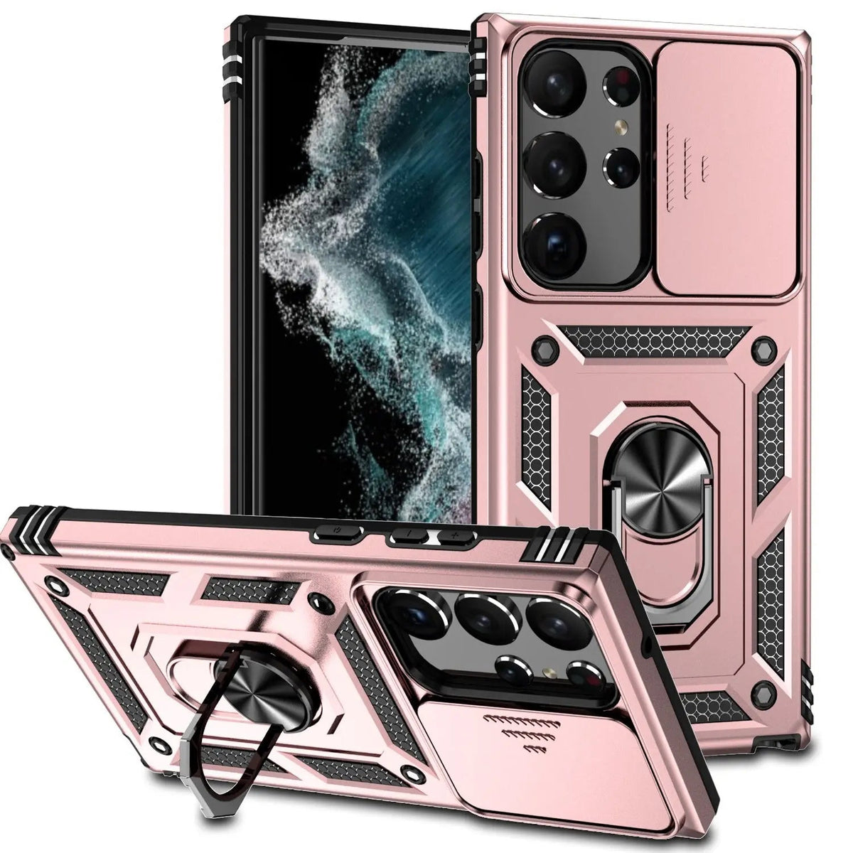 Coque de téléphone avec support et protection des objectifs pour Samsung Galaxy S23 Series, antichoc, en silicone | Sulvida