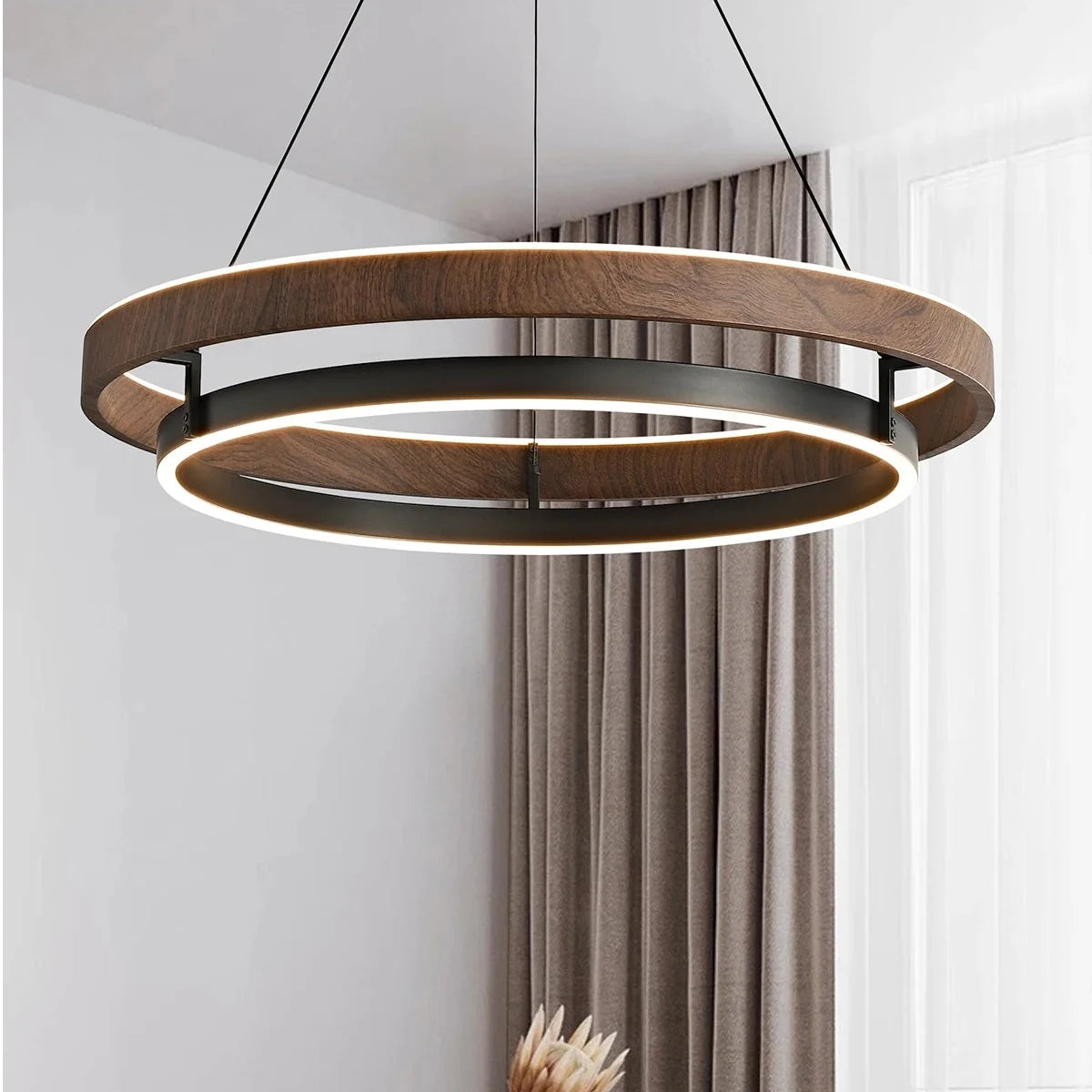 Ronde Metalen Hanglamp met Houtstructuur 60-80cm Dimbaar Scandinavisch Design voor Woonkamer en Eetkamer | Sulvida