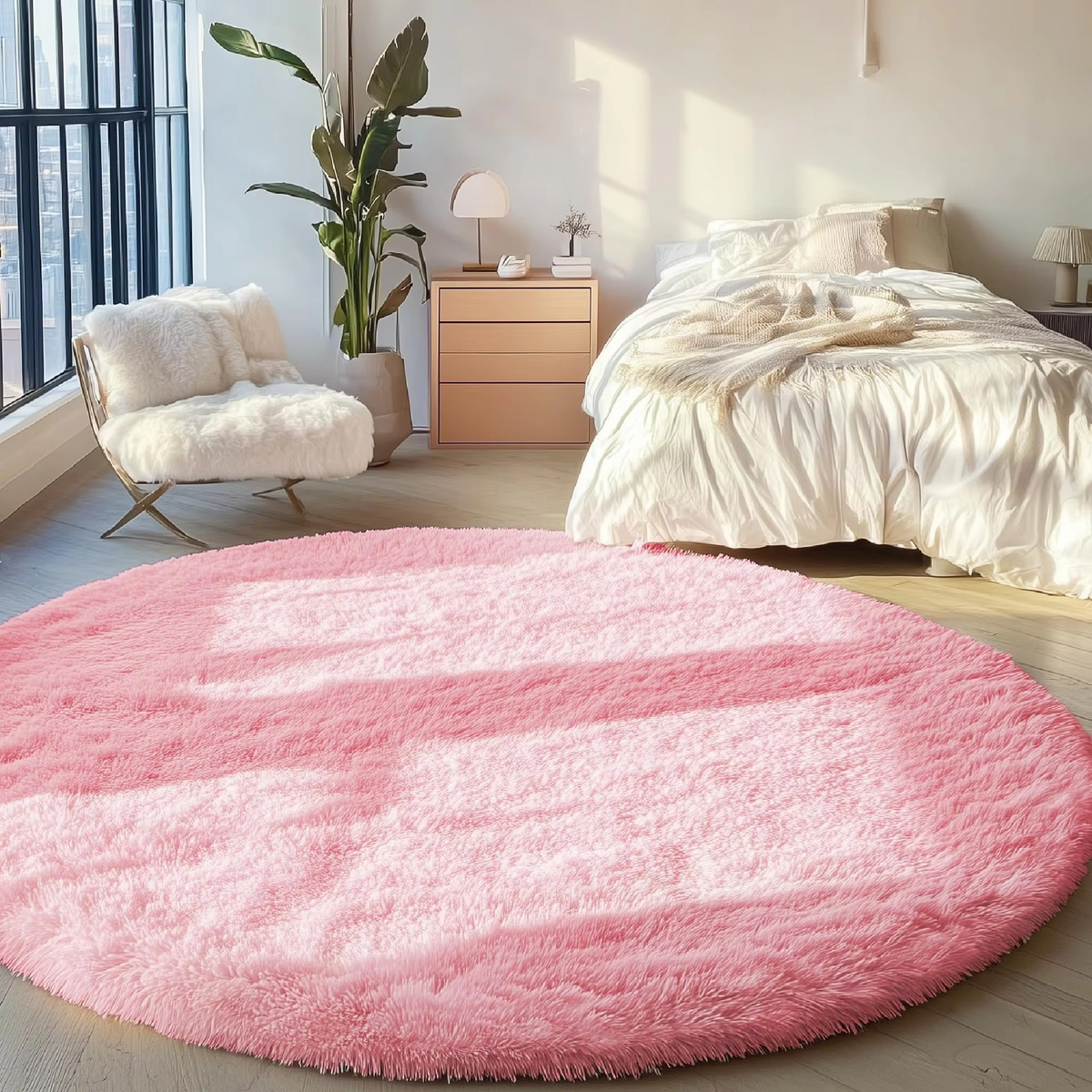 Ronde Shaggy Hoogpooltapijt Ø150cm Zacht Vloerkleed Antislip Woonkamer Slaapkamer Kinderkamer Decoratie | Sulvida