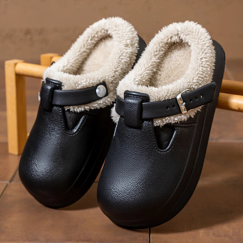Chaussons chauds avec doublure en peluche et boucle métallique pour femme, pantoufles d’intérieur d’hiver antidérapantes et confortables | Sulvida