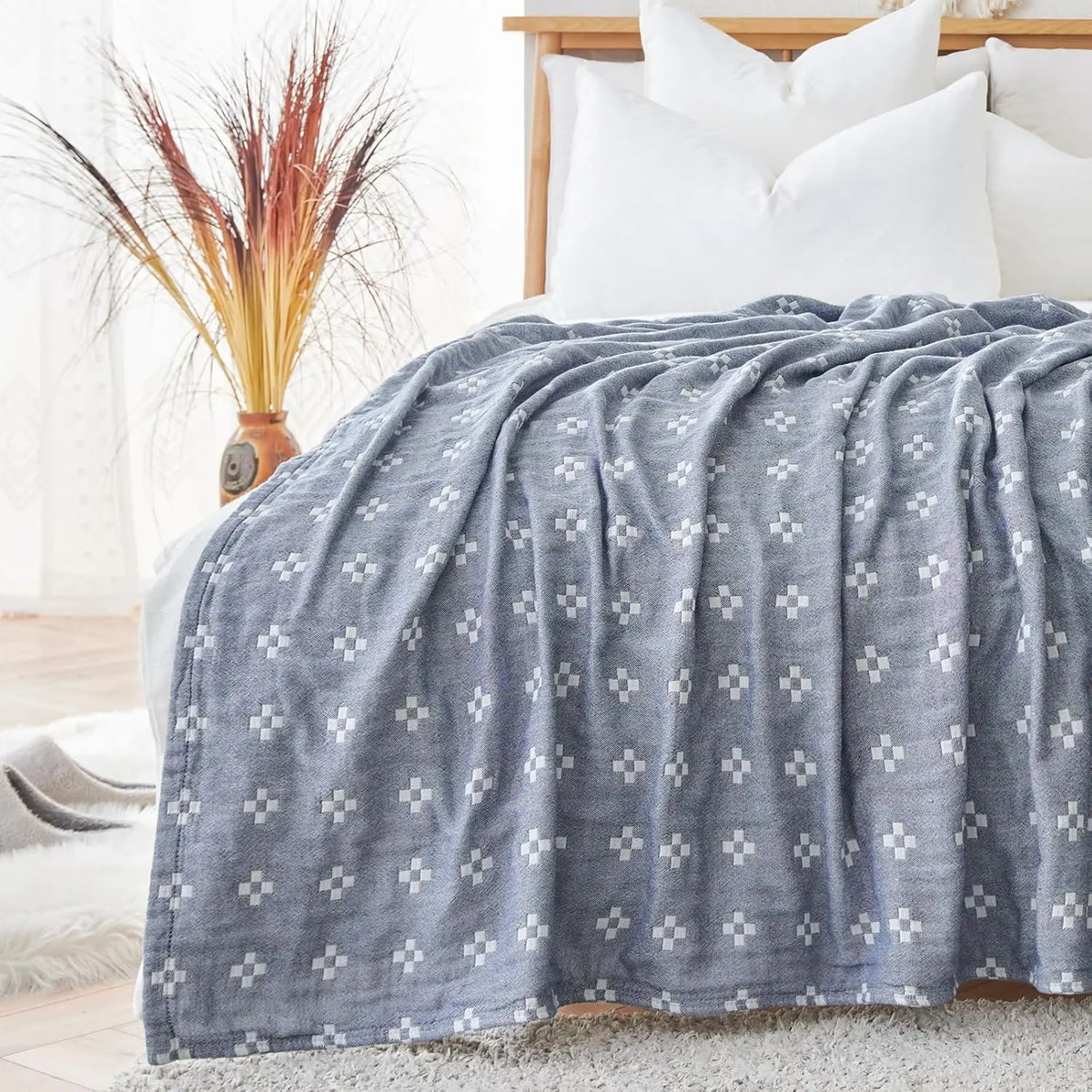 Katoenen Plaid met Geometrisch Patroon Drielaags Ademend Woonplaid Reversibel 150x200 Bank Deken Stijlvol | Sulvida