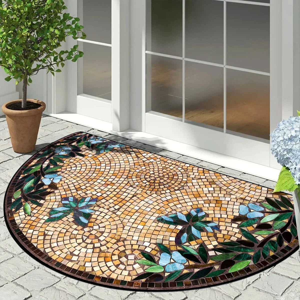 Halfronde Deurmat Buitenmat Antislip Mozaïek Vintage Bloemenpatroon Geometrisch Design Balkon Ingang | Sulvida