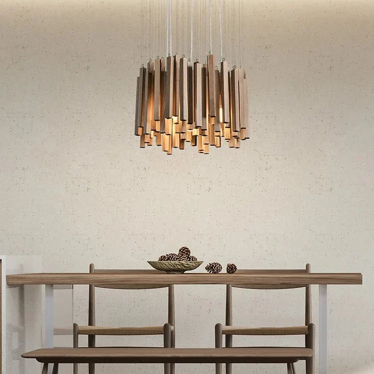 Houten Hanglamp Rond LED Kroonluchter Warm Licht Woonkamer Eetkamer Japans Minimalistisch Design Sfeerverlichting | Sulvida