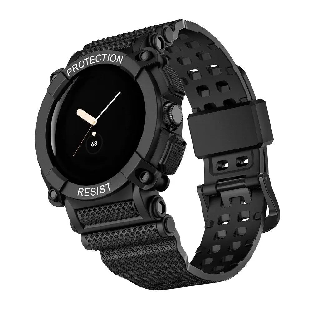 Bracelet de montre avec coque de protection pour Pixel Watch et Pixel Watch 2 sport en silicone hybride noir | Sulvida