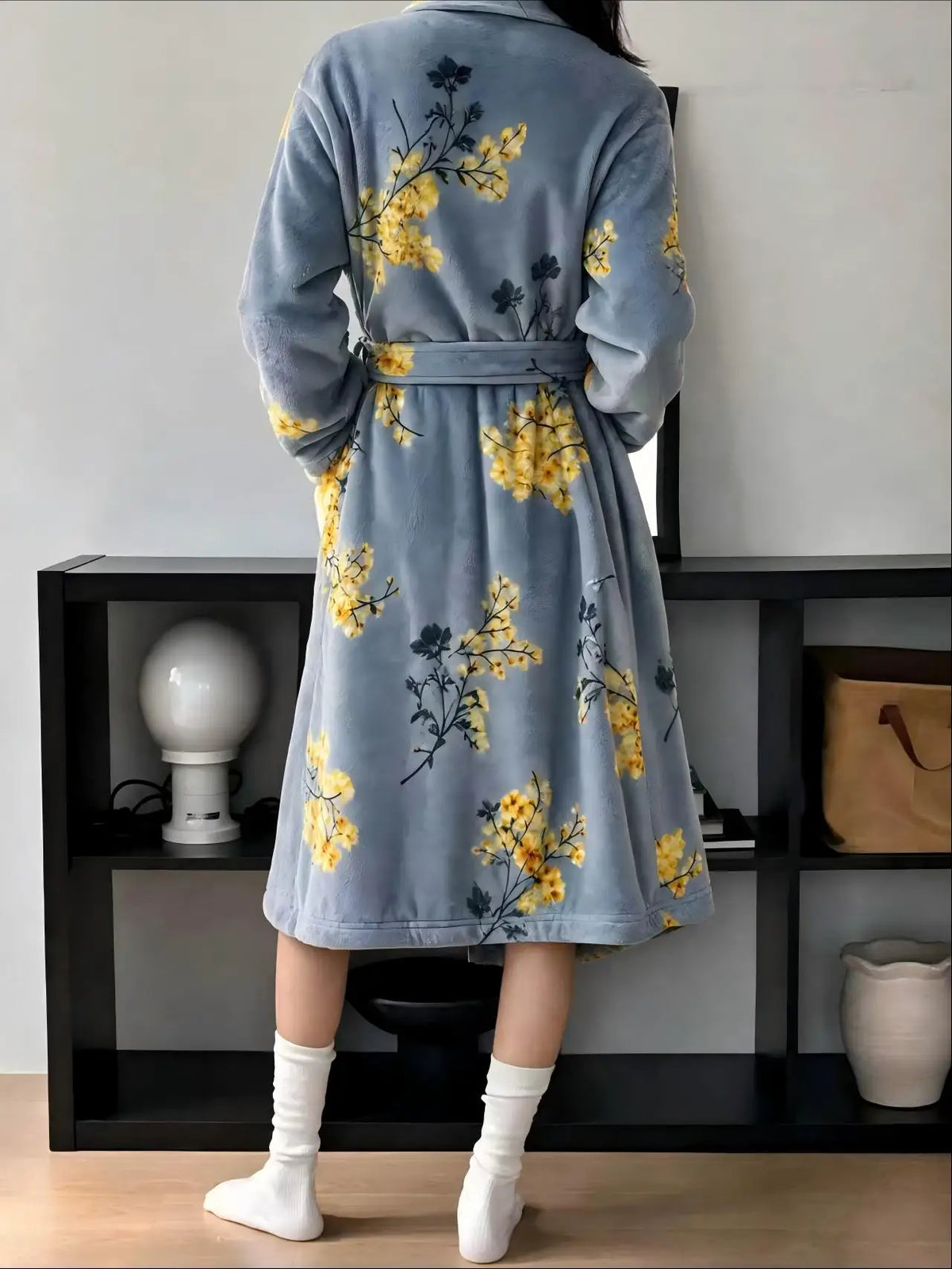 Badjas Dames Fleece Lang Warm met Ceintuur Ochtendjas Huisjasje Donkerblauw Loungewear Winterjas Badkamer | Sulvida