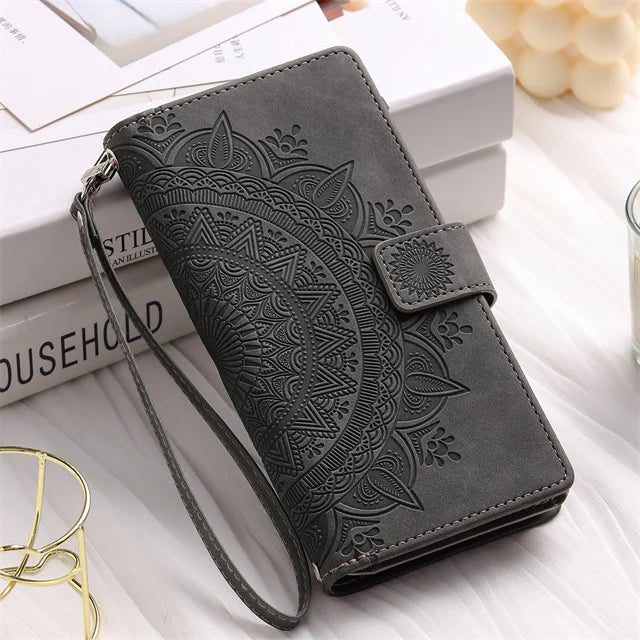 Leren Telefoonhoesje met Kaarthouder Smartphone Reliëfprint Flipcase Portemonnee-Etui Magnetische Sluiting | Sulvida