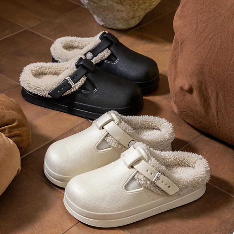 Chaussons chauds avec doublure en peluche et boucle métallique pour femme, pantoufles d’intérieur d’hiver antidérapantes et confortables | Sulvida