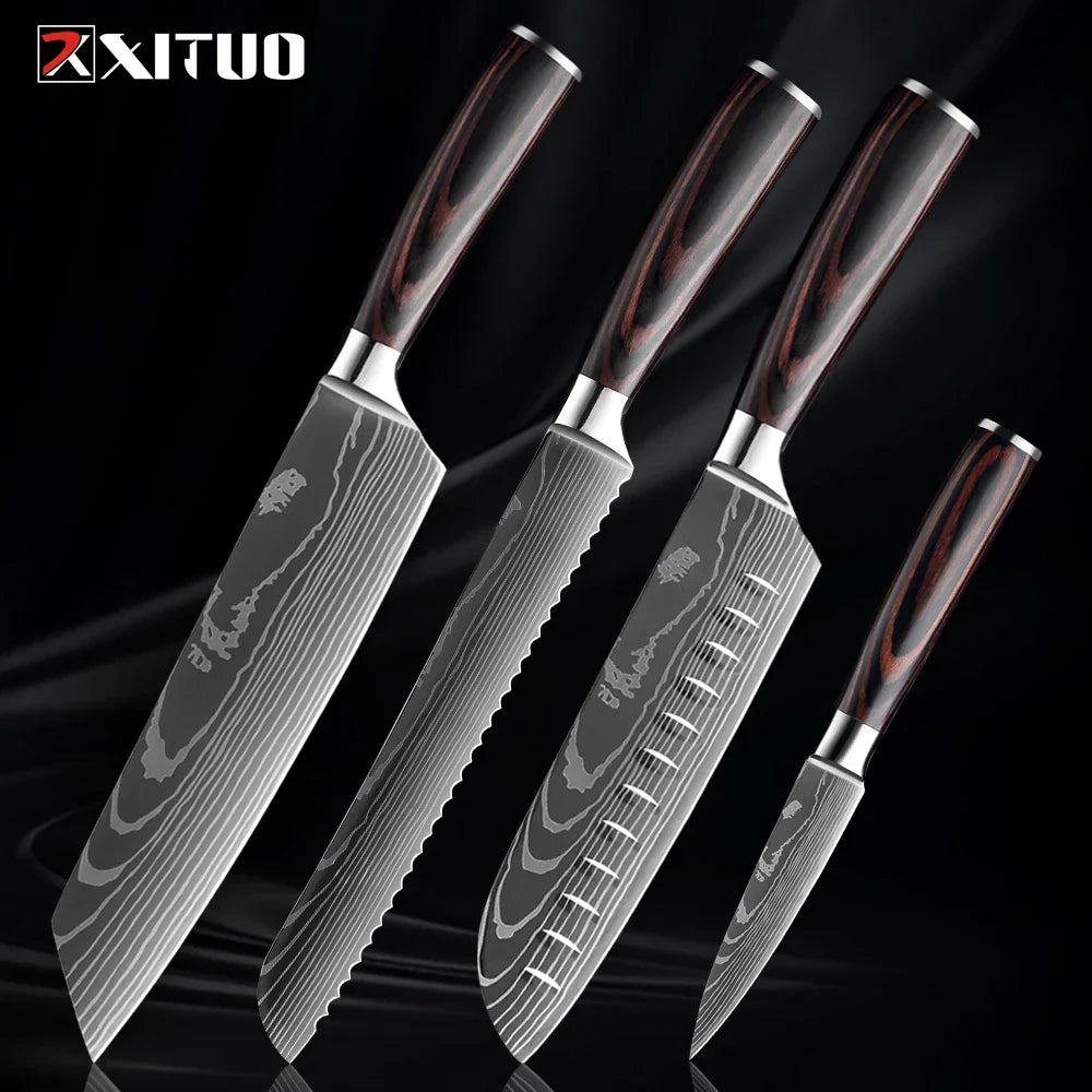 Collection de couteaux en acier inoxydable, 1 à 9 pièces, manche en bois, couteau de chef, couteau à légumes, couteau de cuisine universel professionnel | Sulvida